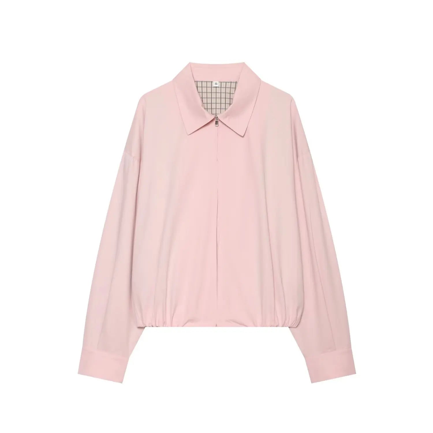 Light pink collared zip up cropped jacket front view with check lining