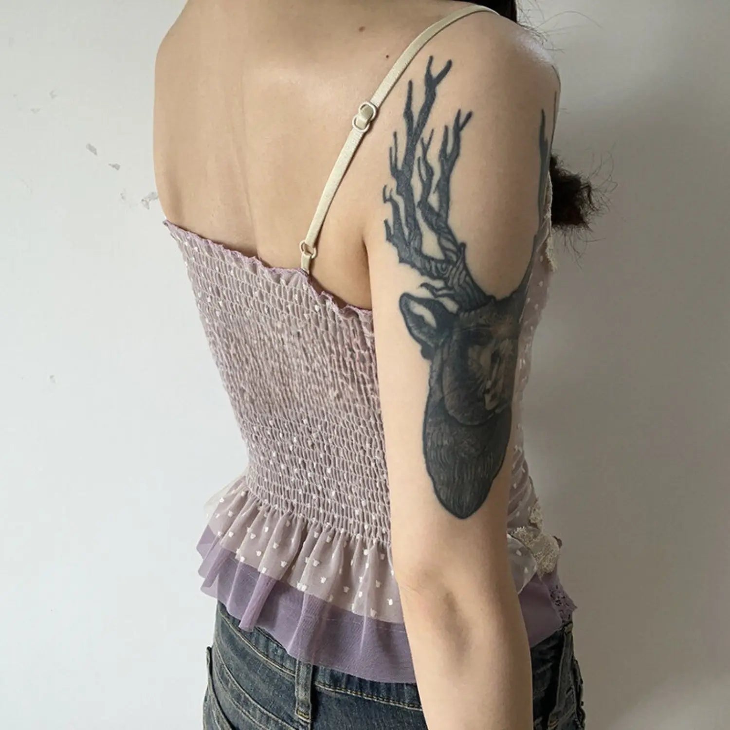 Light purple polka dot lace cami tank full back model shot, high stretch smocked back double mesh ruffle hem minimalist home slim outfit display
