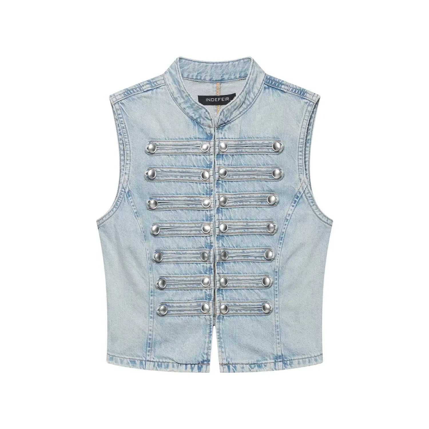 Women light wash denim cropped vest, stand collar sleeveless waistcoat with double row silver metal buttons, front view
