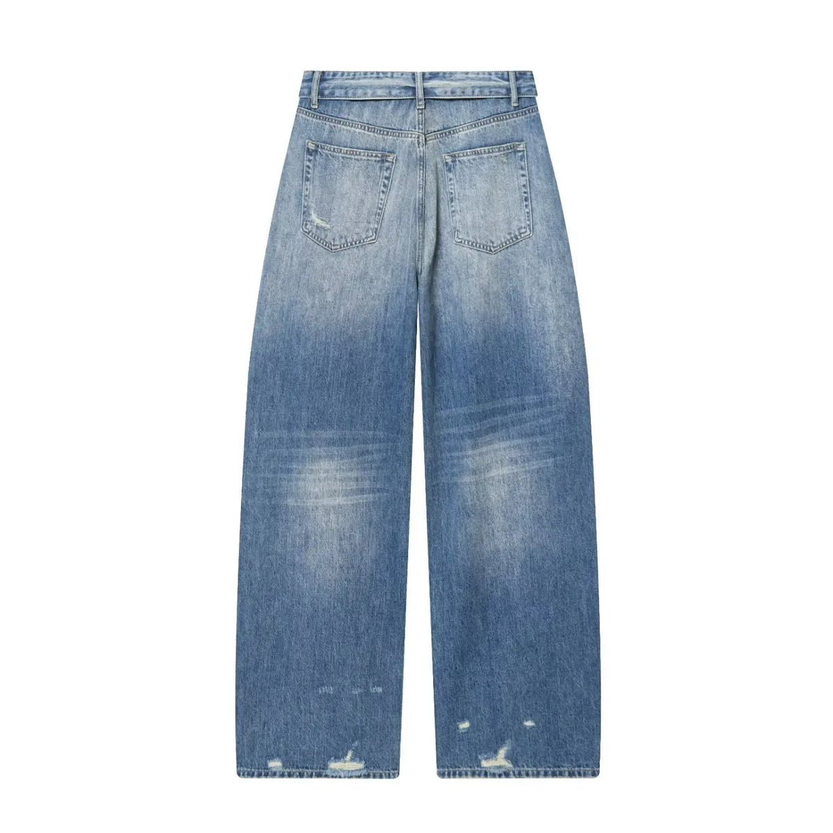 Light wash distressed high waist wide leg jeans, back flat lay