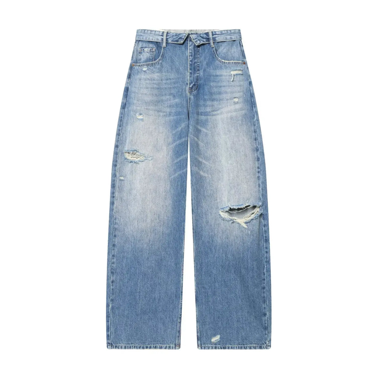 Light wash distressed high waist wide leg jeans, front flat lay
