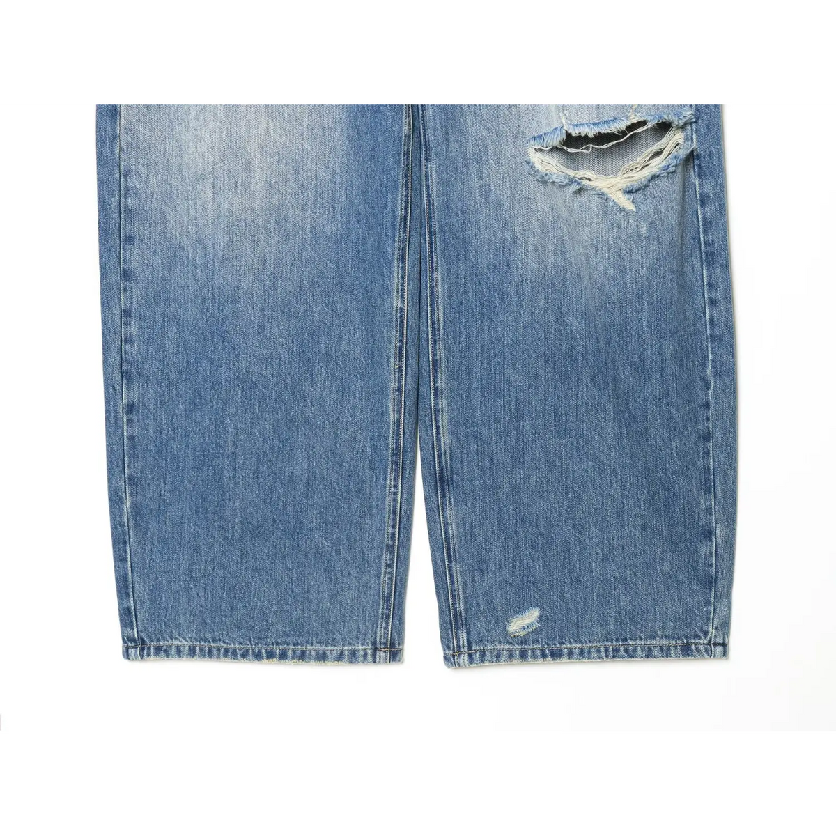 Flat lay view of wide leg lower half and ripped knee