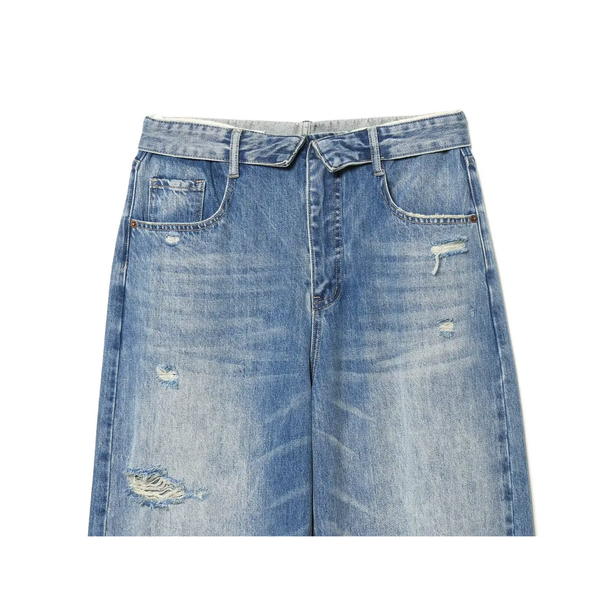 Close-up of high waistband, front pockets and distressing