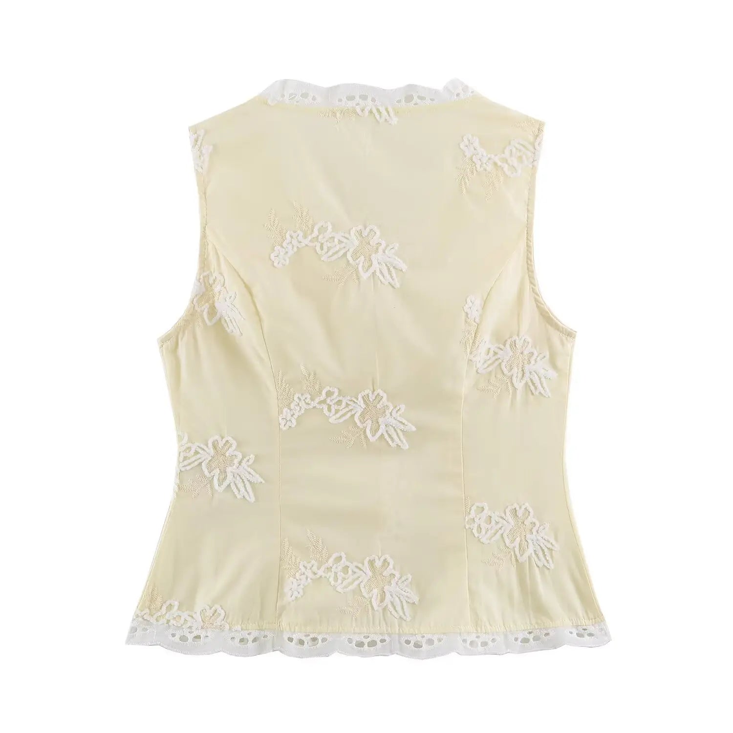 Back flat lay light yellow waistcoat, allover floral embroidery, scalloped eyelet lace hem, tailored slim silhouette