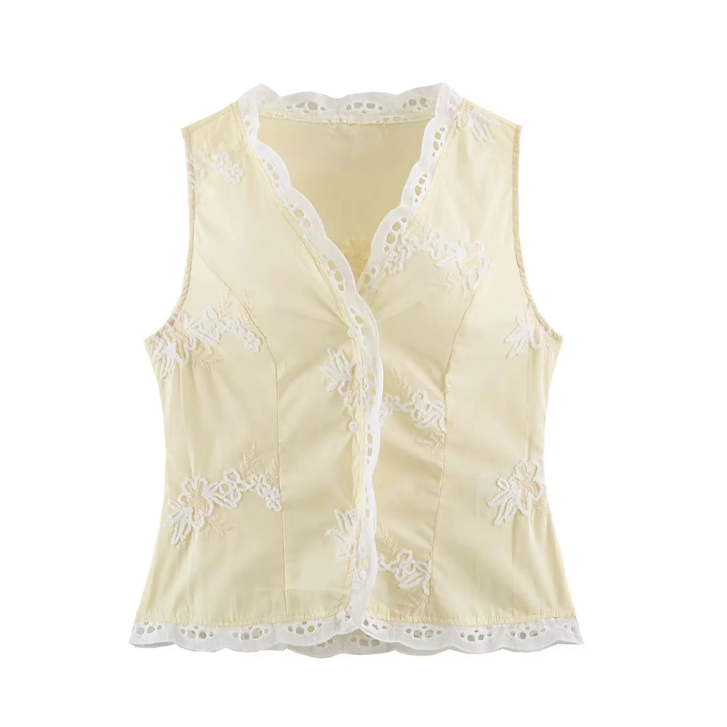 Front flat product shot light yellow sleeveless vest, v neck eyelet lace trim, white floral applique embroidery, front single button placket, slim cropped waistcoat