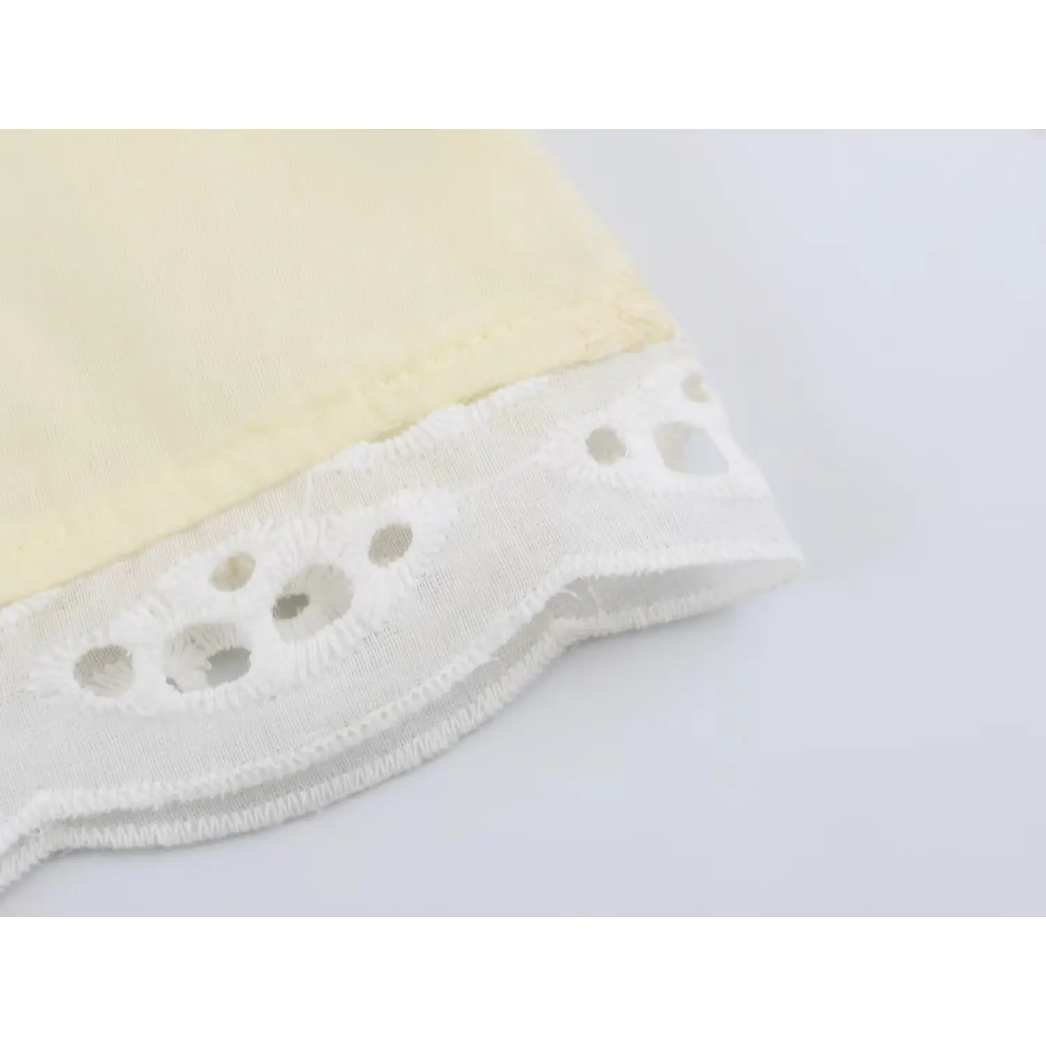 Side view finished hem scalloped eyelet lace, soft frill edge