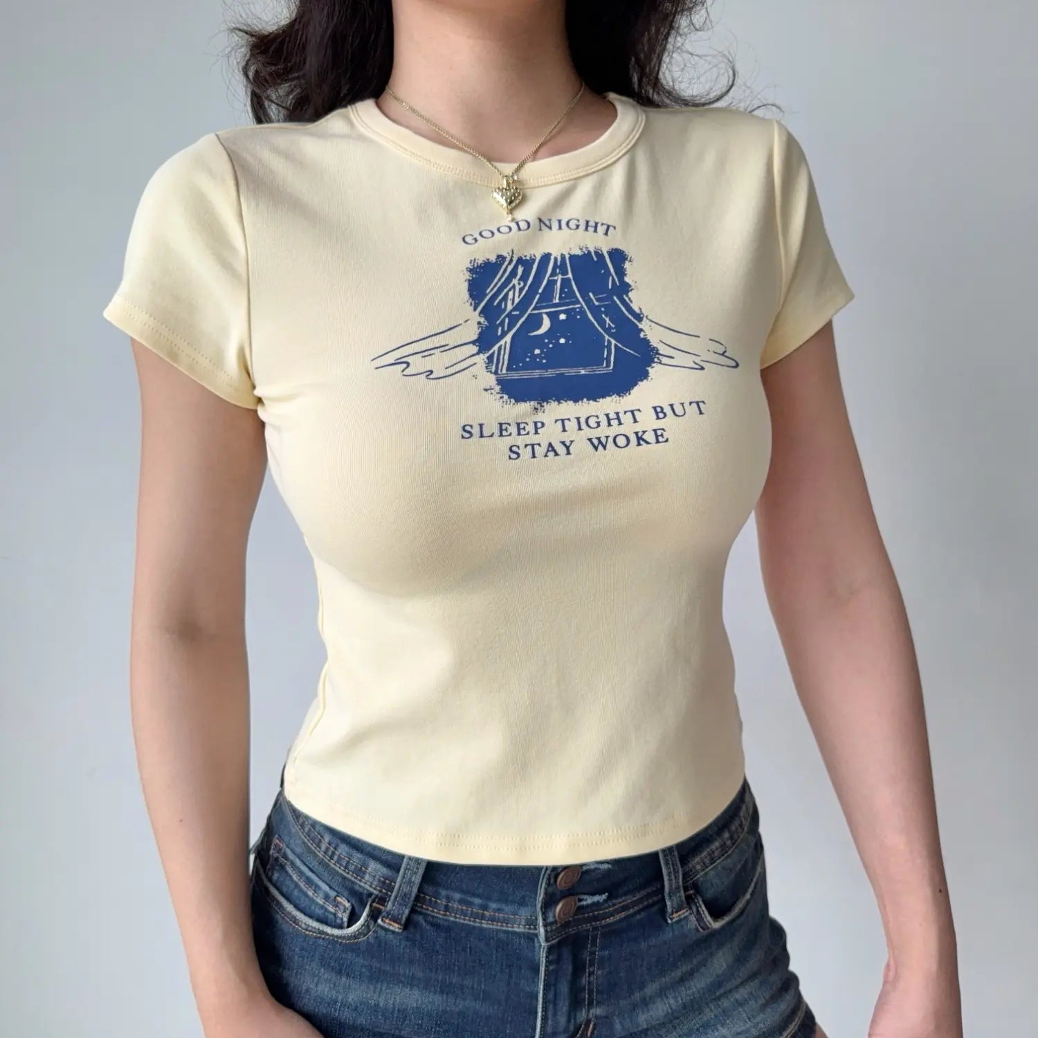 Light yellow sleep tight stay woke letter print fitted crop tee, short sleeve crew neck stretch y2k women basic short top
