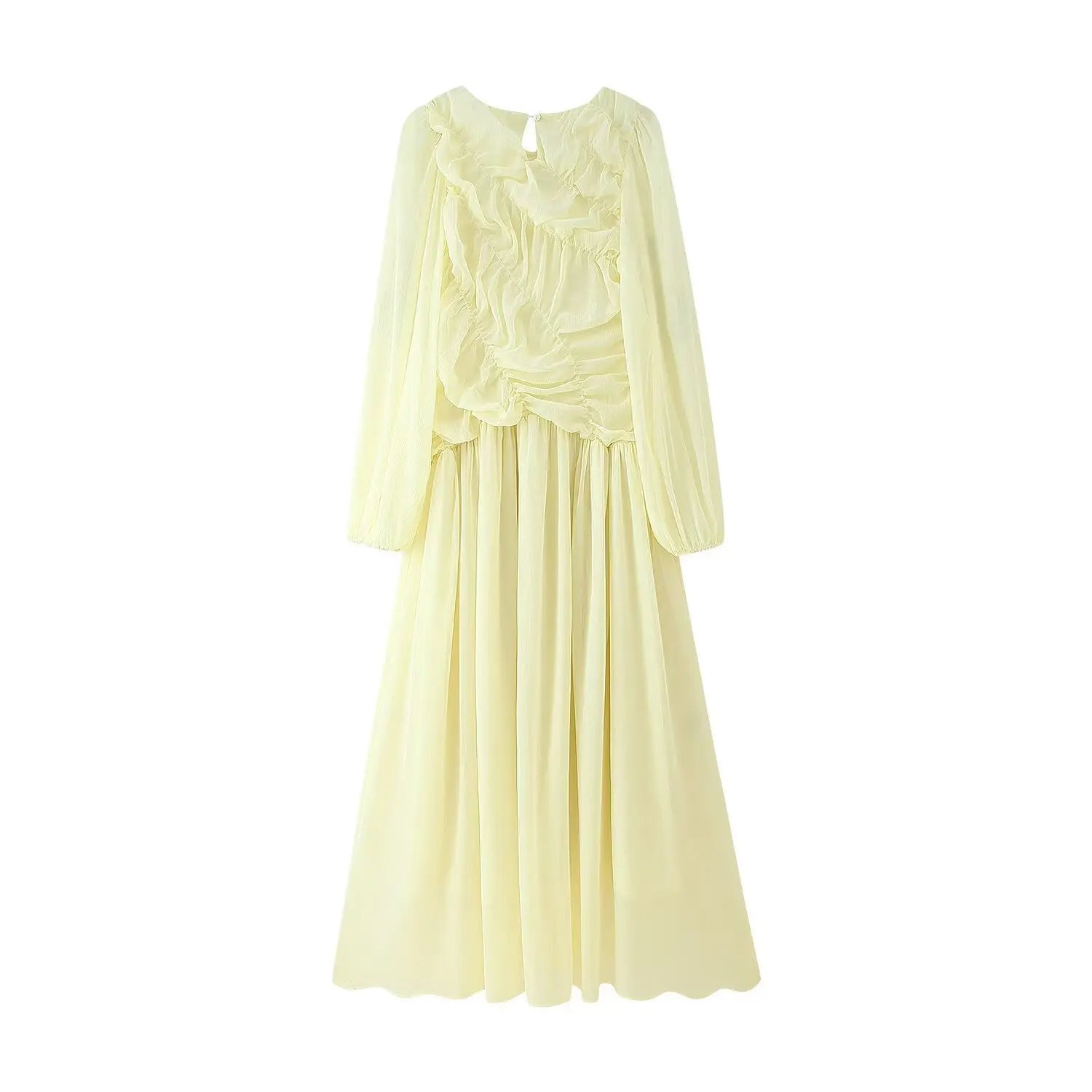Front flat shot pale yellow long sleeve flow maxi dress, layered ruffle neck, irregular diagonal ruching, bubble cuffs, sheer crinkle chiffon fabric