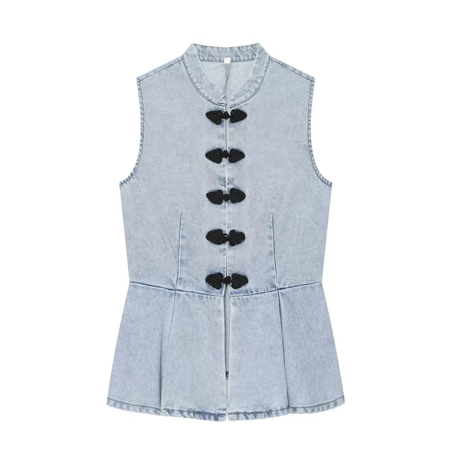 Front flat product shot new chinese style denim waistcoat, stand collar, contrast frog buttons, fitted flared peplum hem