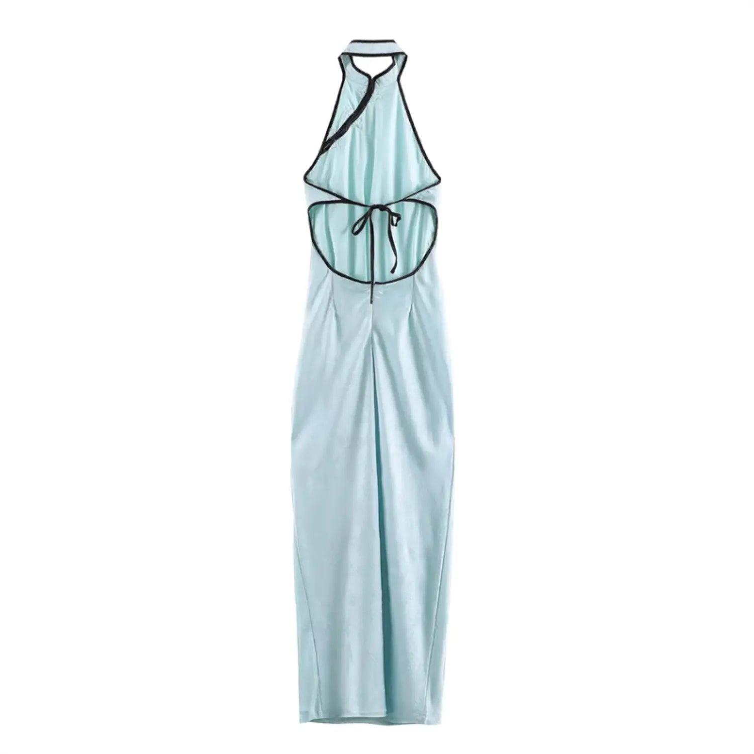 Full flat back view of light blue halter cheongsam‑style maxi dress with back tie