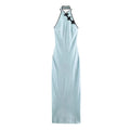 Flat lay front view of light blue halter cheongsam‑style maxi dress with black frog buttons