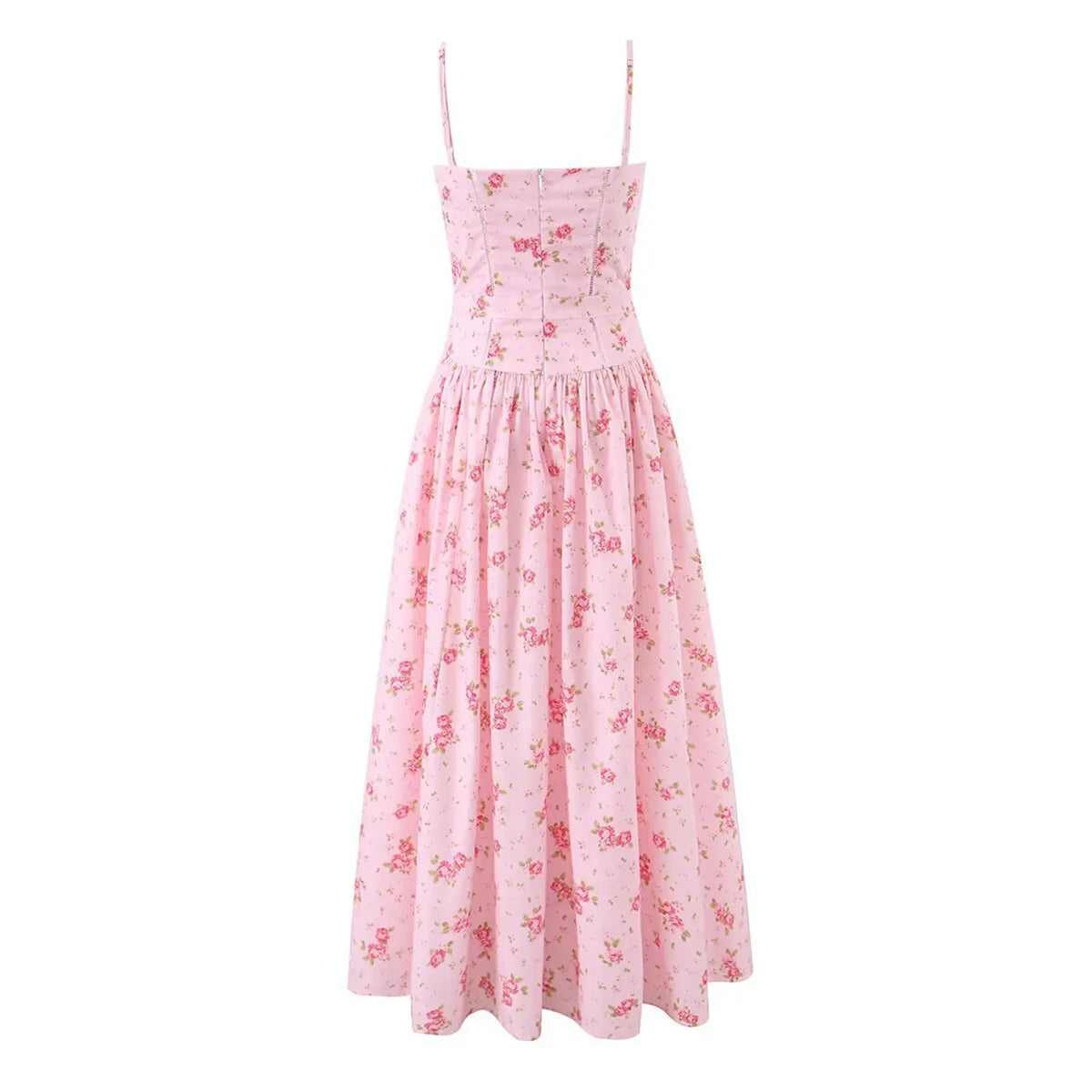 Back full view of light pink floral cami maxi dress