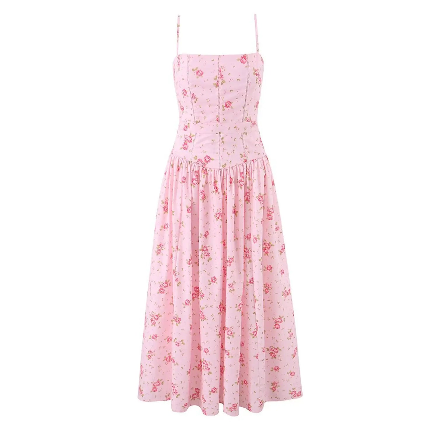 Front full view of light pink floral cami maxi dress, fitted bodice with flowy long skirt
