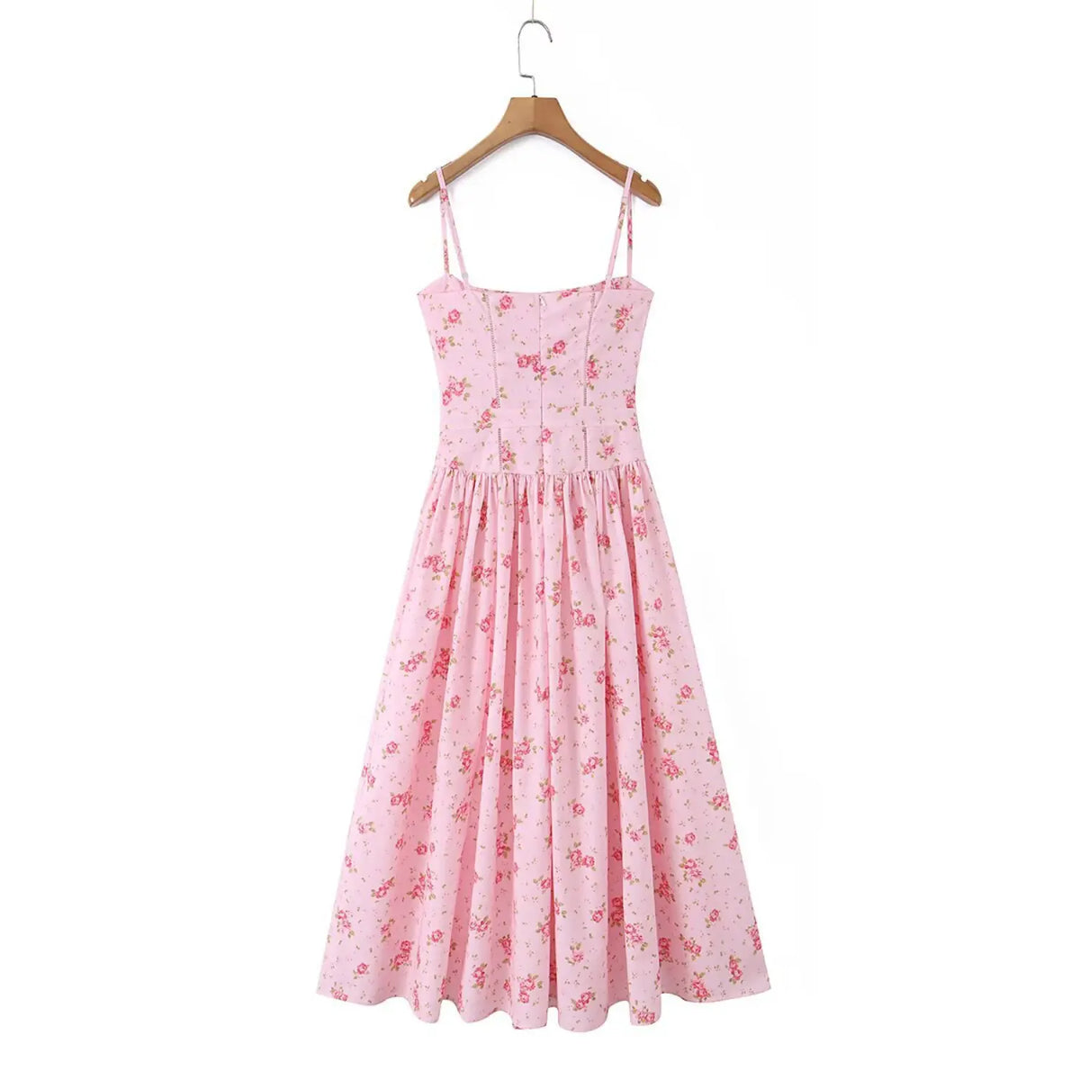 Hanger back shot pink ditsy rose spaghetti strap maxi dress, vertical hollow lace stitching panels, invisible center back zipper, full gathered A-line long skirt with vintage pink rose print fabric