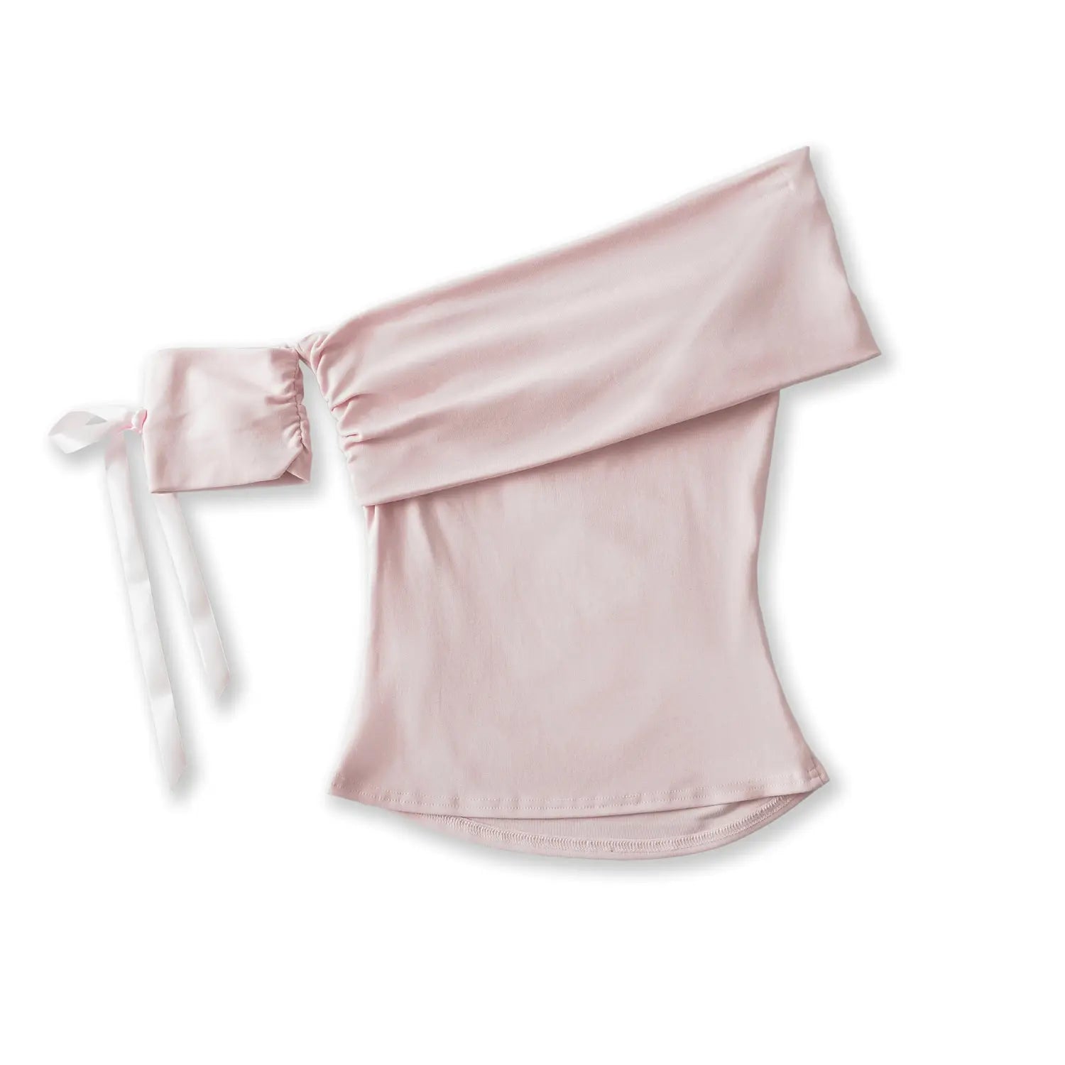 Isolated full product shot light pink off shoulder ruched top with detachable satin bow sleeve, clean white background