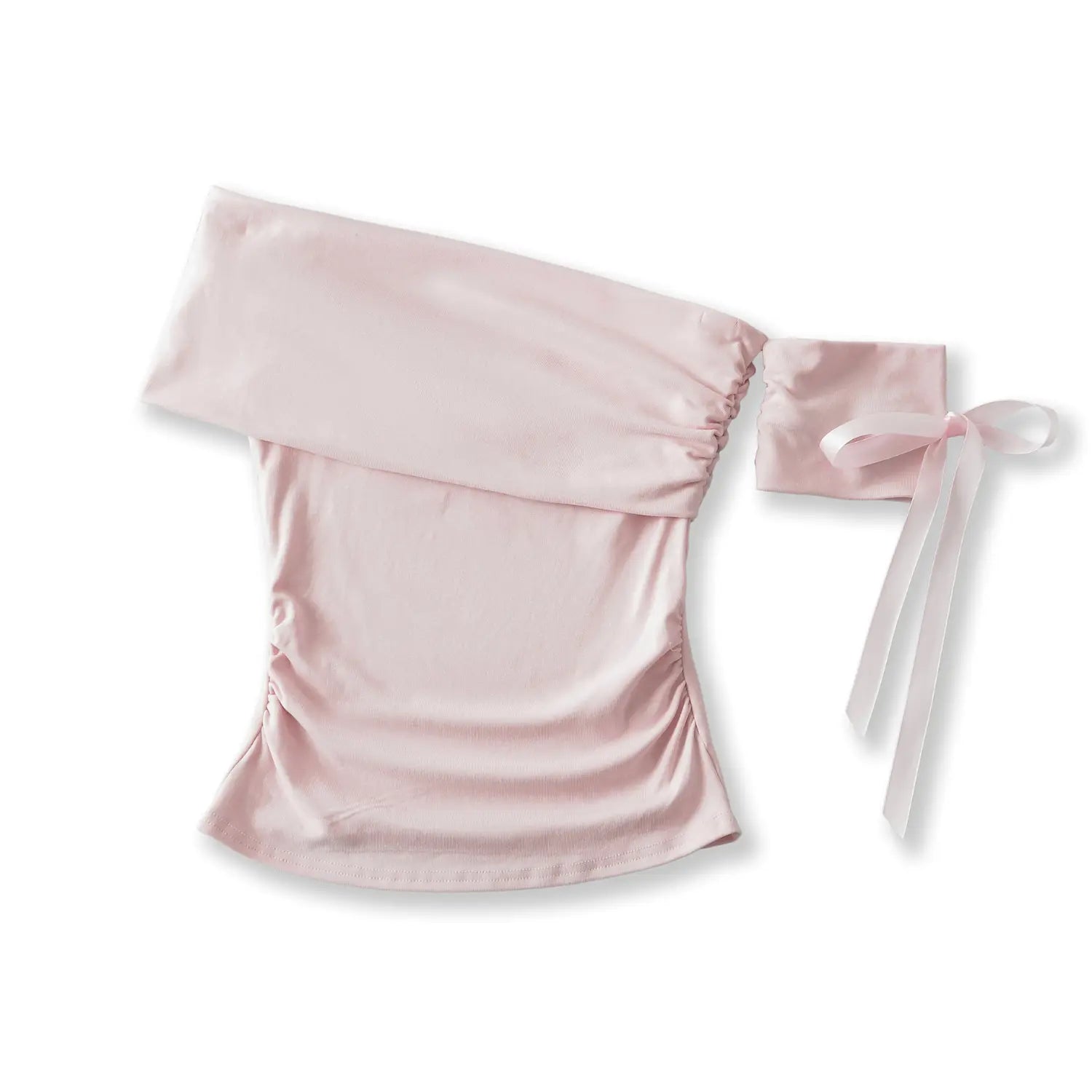 Single light pink fold over off shoulder fitted top with separate satin ribbon bow sleeve, white background flat product shot