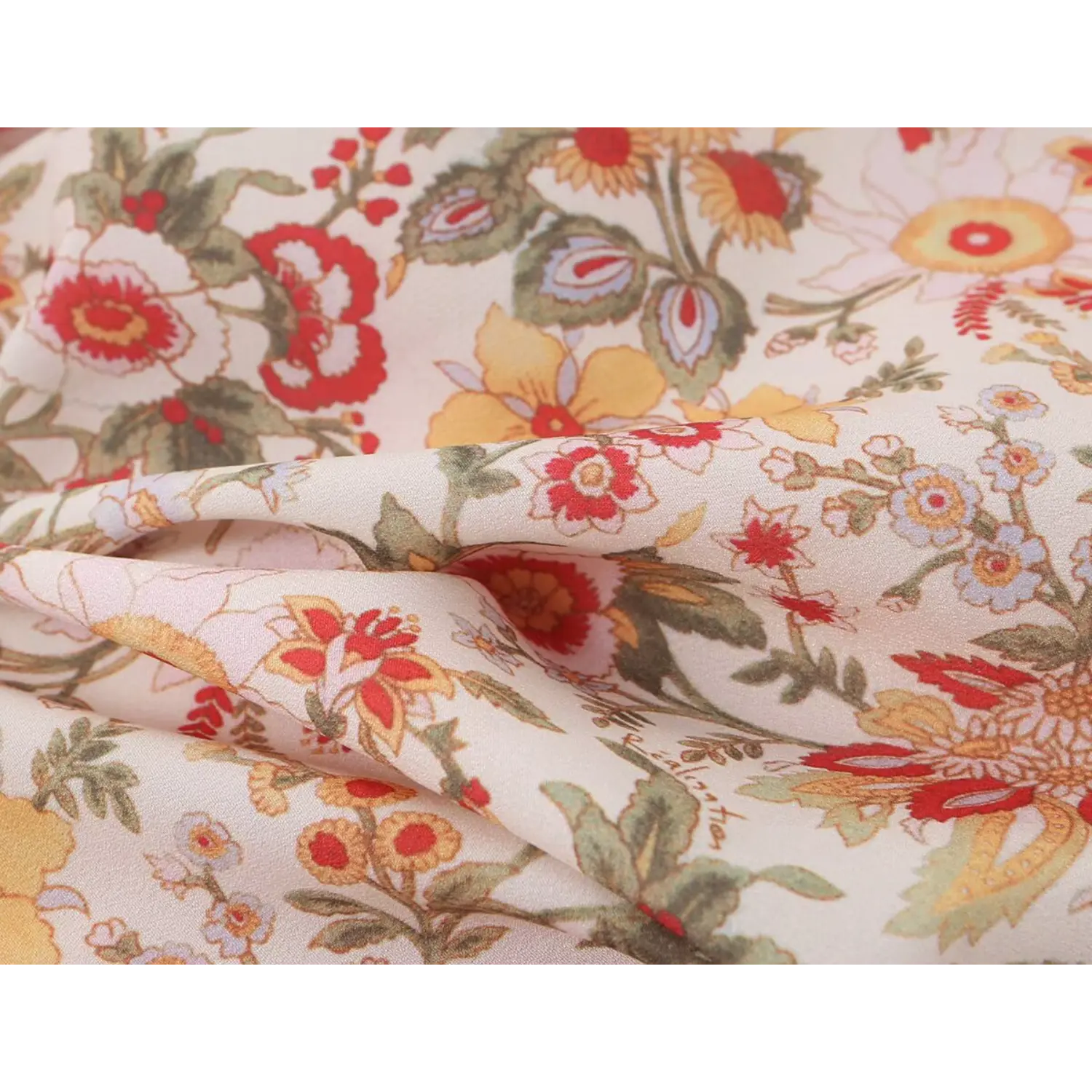 Drape texture closeup lightweight soft woven floral fabric, vintage wildflower print, smooth flowy sundress material