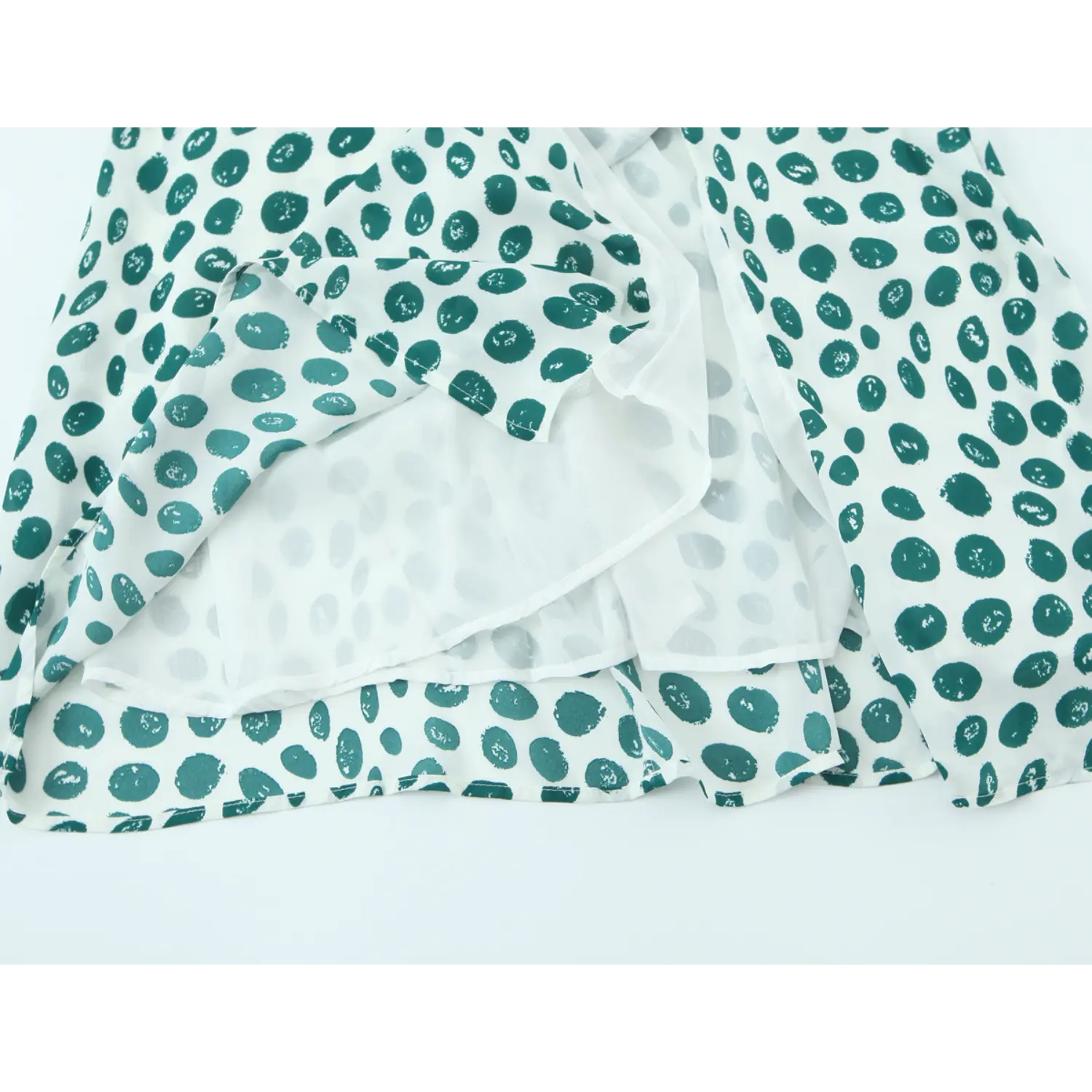 Macro fabric shot double layer solid white lining, lightweight non-sheer outer shell with dark green irregular brush polka dot print, natural soft drape folds