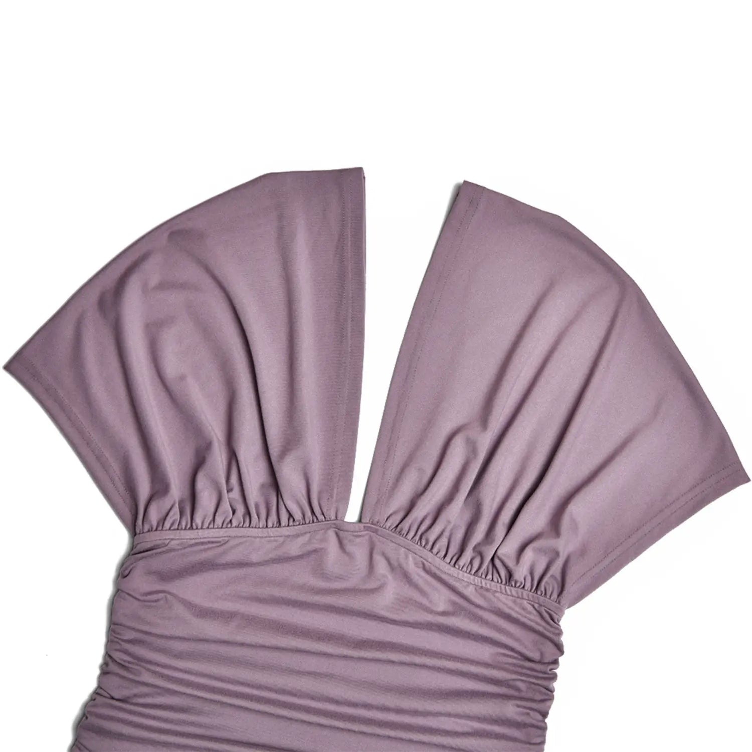 Flat lay closeup of bust gathering and flutter sleeve on lilac bodycon dress