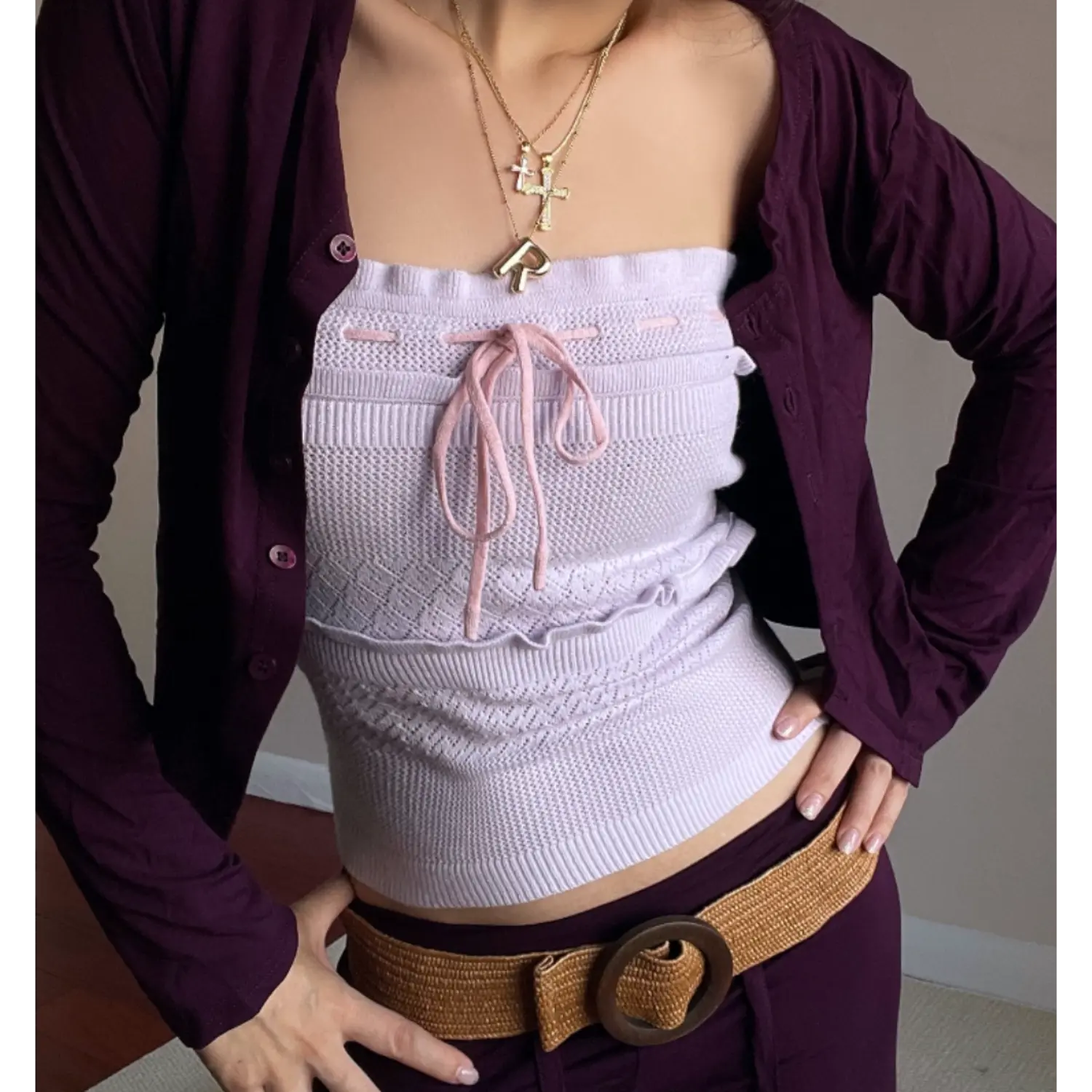 Layered styling shot lavender knit tube top under purple long sleeve cardigan, front pink drawstring accent
