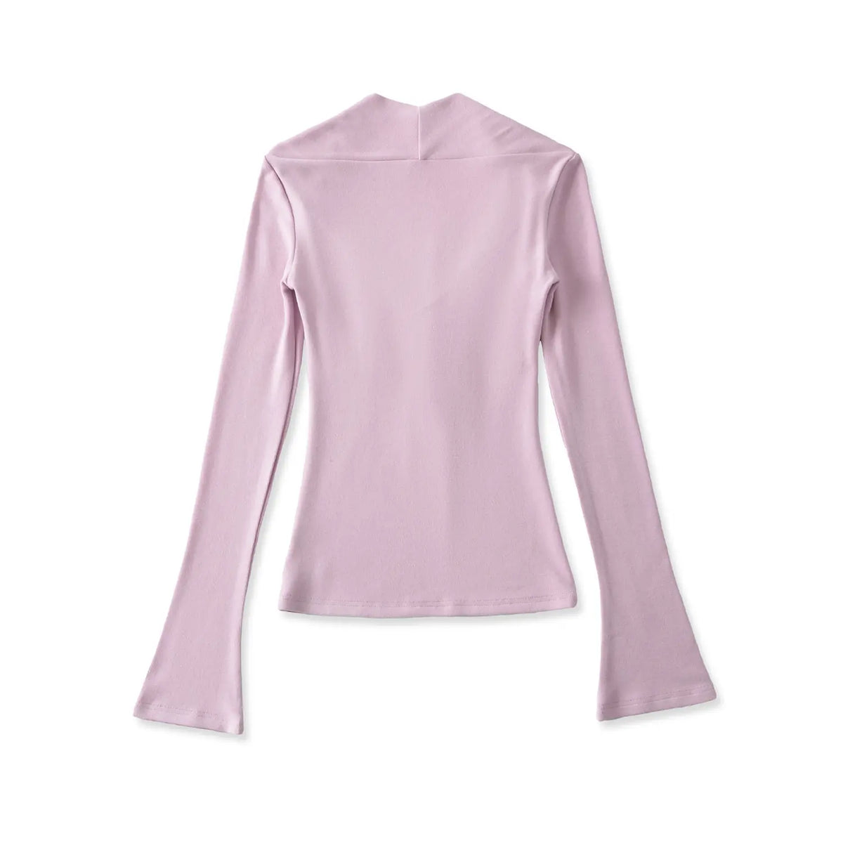 Full back view of lilac halter long sleeve top, slim fitted silhouette with flared long sleeves