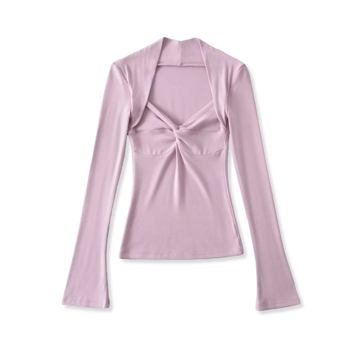 Lilac women long sleeve top, halter wrap neck, front twist detail, slim bodycon fit, flare long sleeves