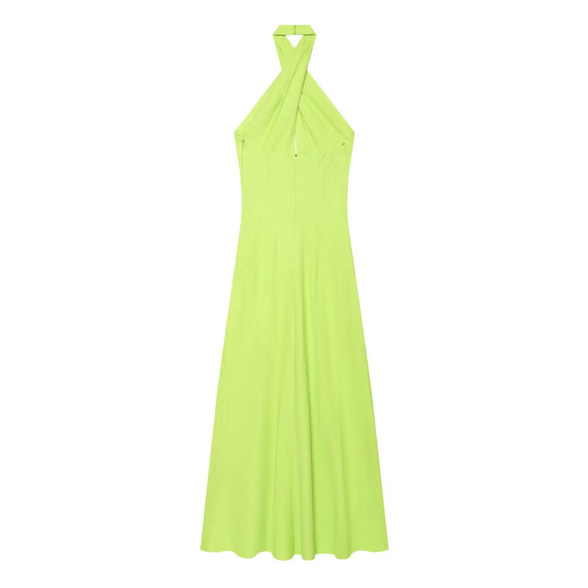 Back flat lay of lime green cross halter maxi dress