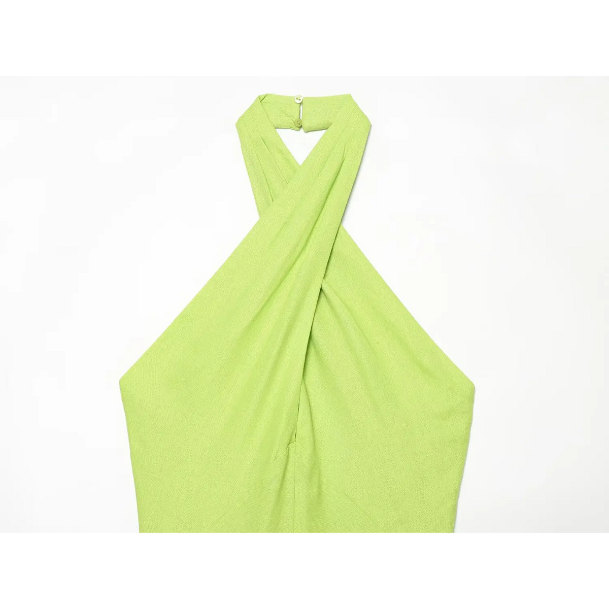Close-up of lime green cross halter twist bust detail