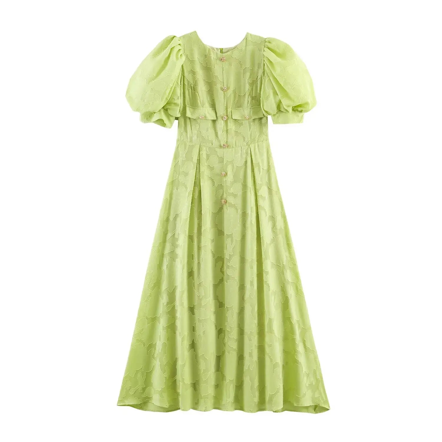 Full front flat lay of round neck maxi dress, voluminous bubble short sleeves, vertical gold rose-shaped buttons, fake flap pockets and flowy A-line long skirt, all-over raised floral burnout fabric