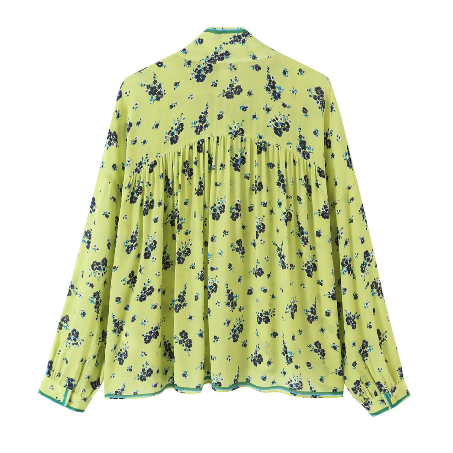 Flat lay back view lime green floral printed blouse with back yoke gathered pleats