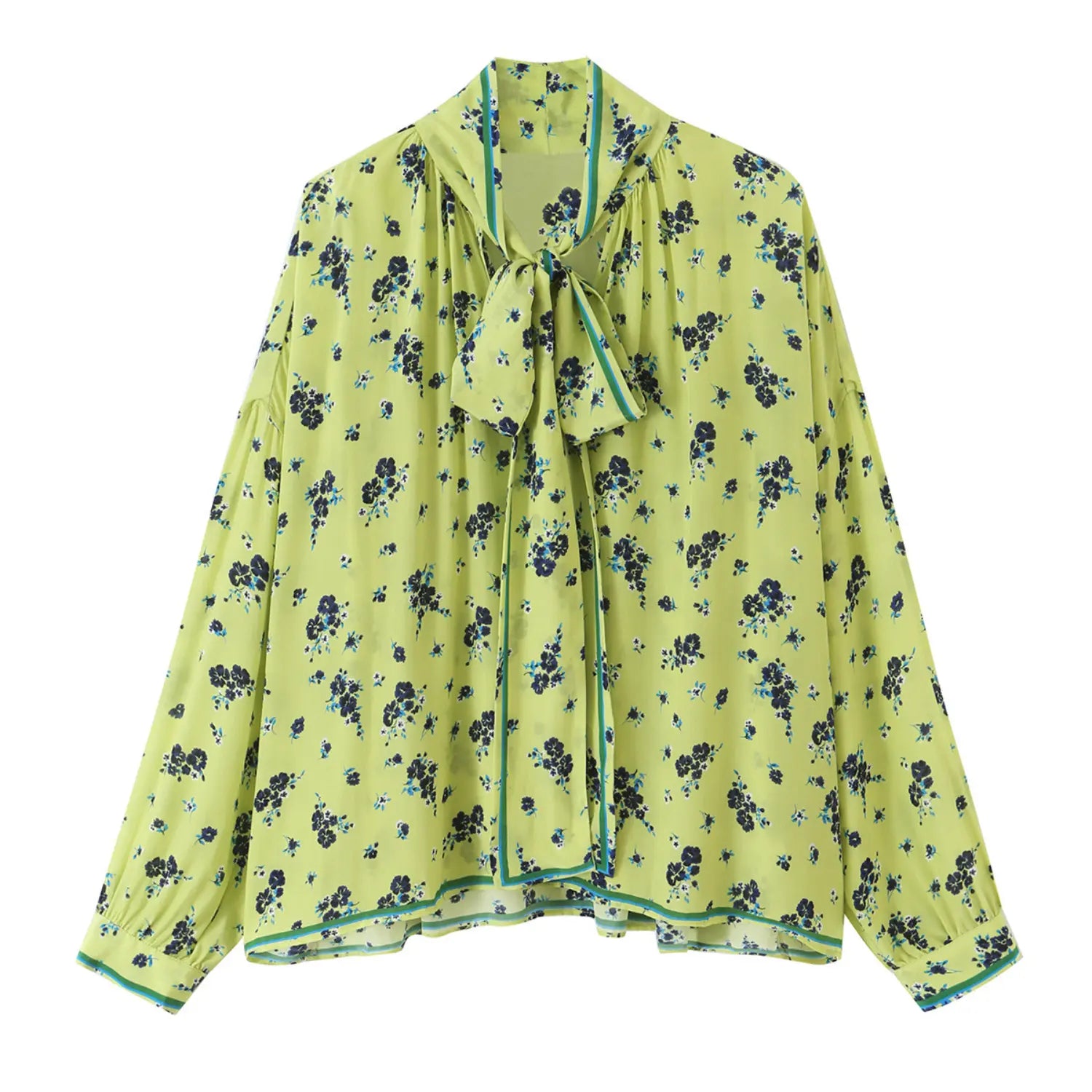 Flat lay front view lime green long sleeve blouse with navy blue floral print and neck tie bow detail