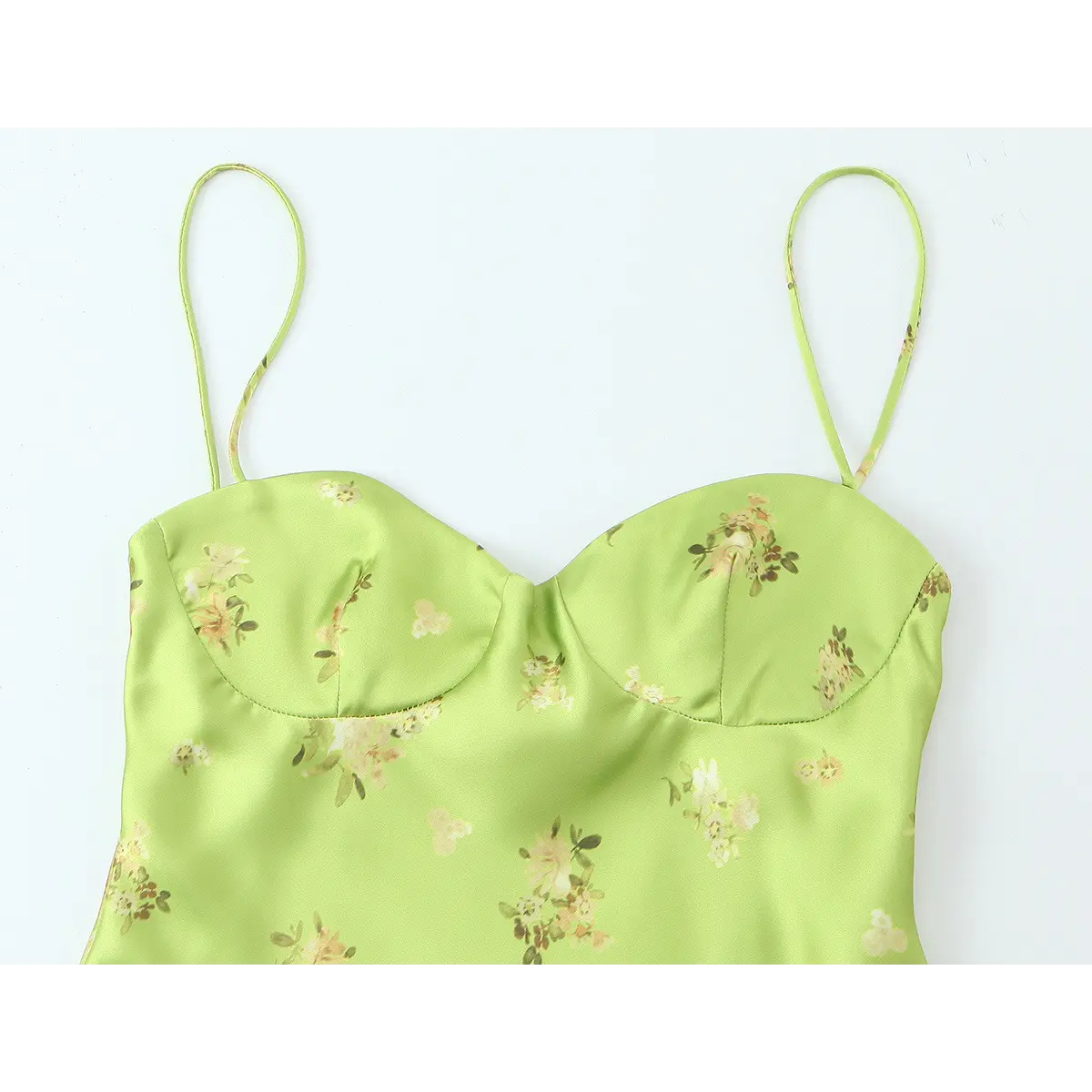  Front view of the lime green floral satin dress, showing the spaghetti straps, sweetheart neckline, and all-over floral print
