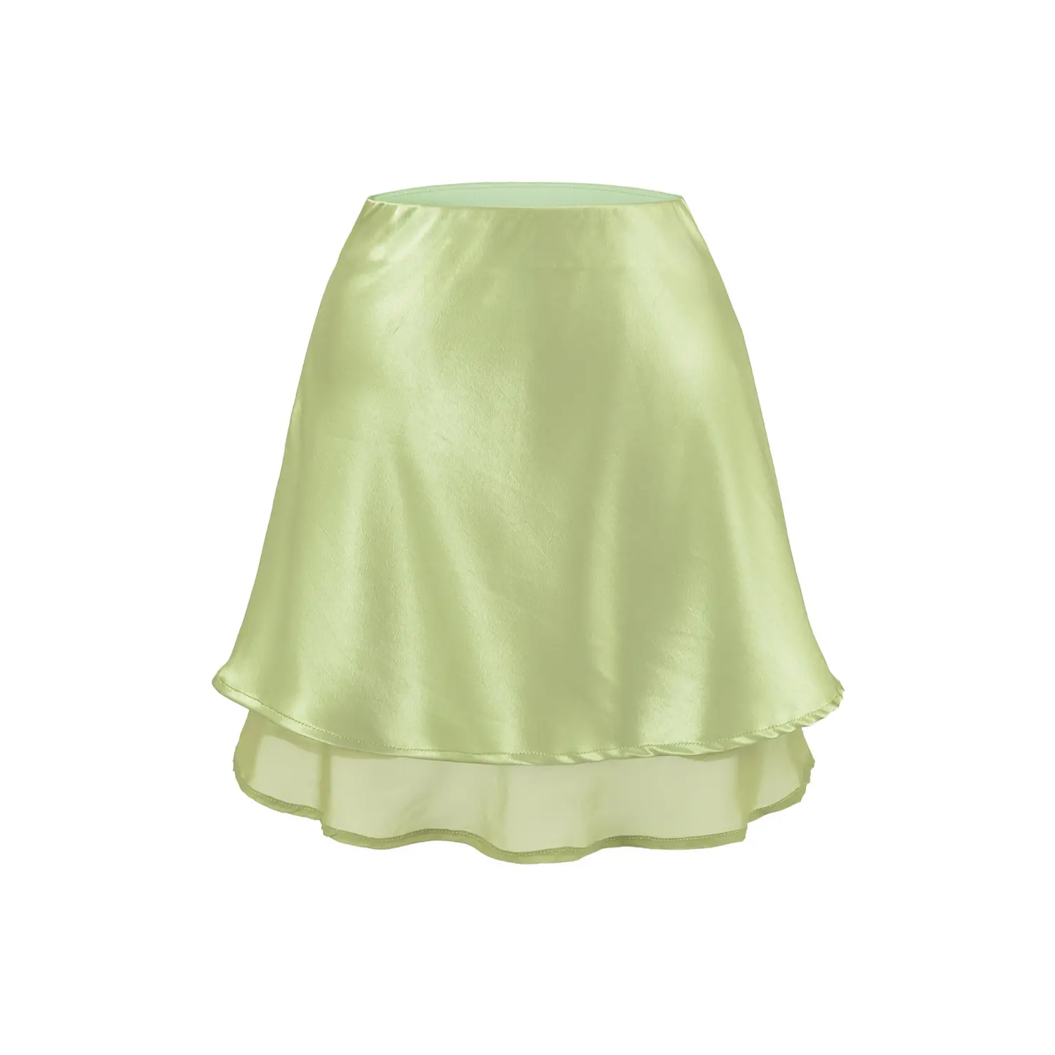 Lime green layered satin mini skirt white flat single shot fresh shiny satin texture double mesh hem lightweight drape A-line skirt