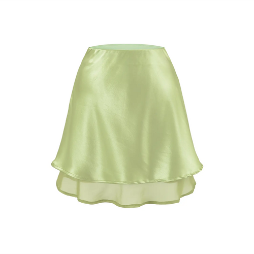 Lime green layered satin mini skirt white flat single shot fresh shiny satin texture double mesh hem lightweight drape A-line skirt
