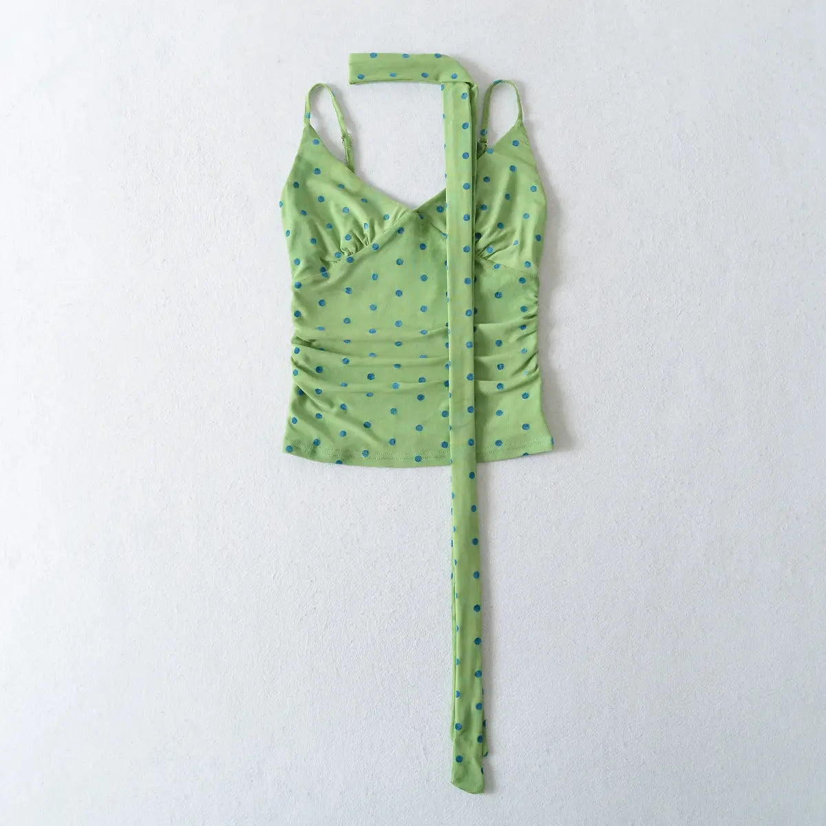  Full front view of the lime green mesh cami top with teal polka dots, including the matching long scarf tie.