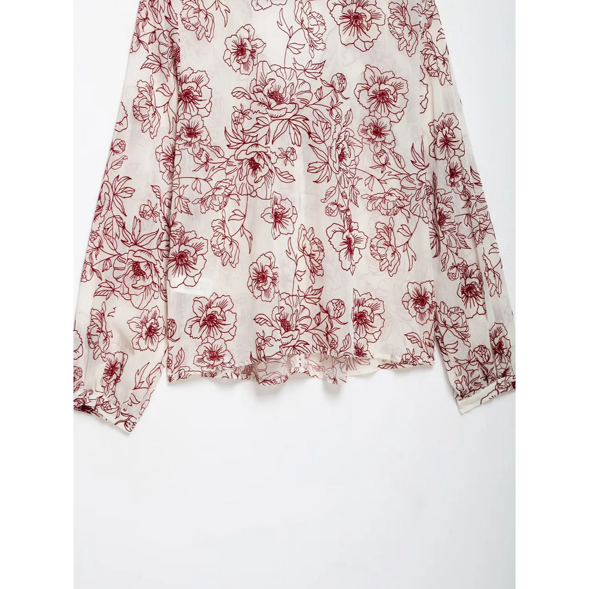 Close-up of back hem and floral print