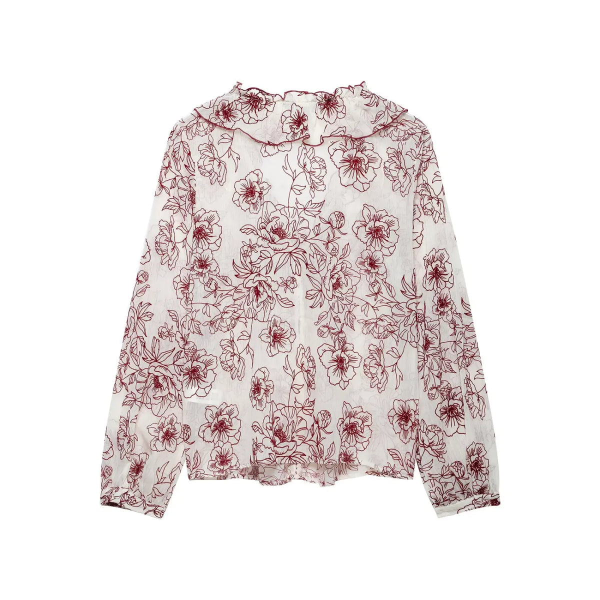 Line art floral ruffle V neck blouse, back flat lay