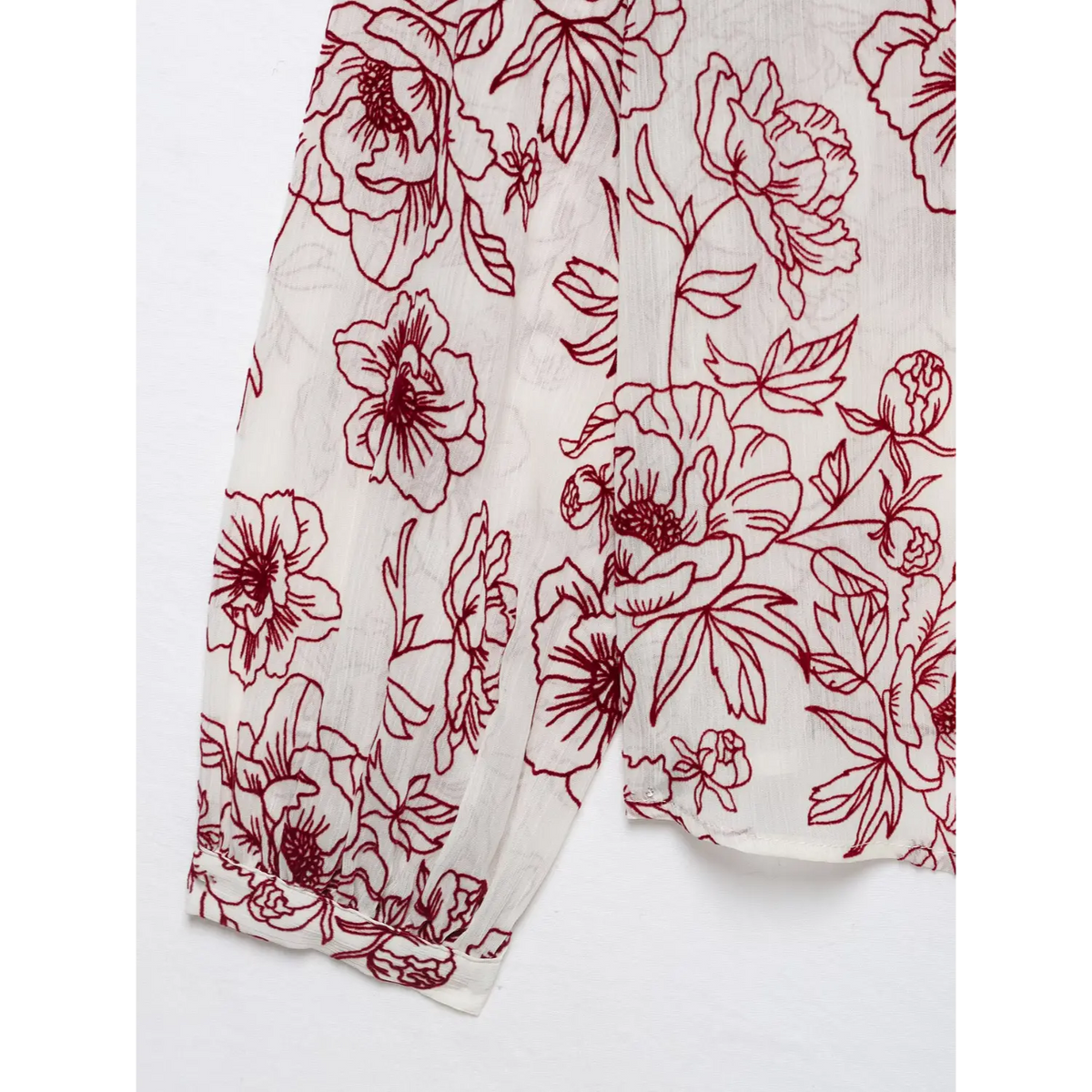 Close-up of long sleeve cuff and floral print