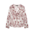 Line art floral ruffle V neck blouse, front flat lay