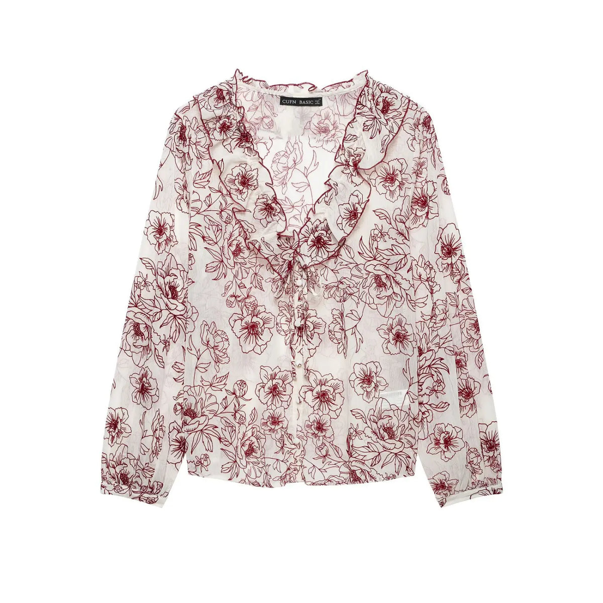 Line art floral ruffle V neck blouse, front flat lay