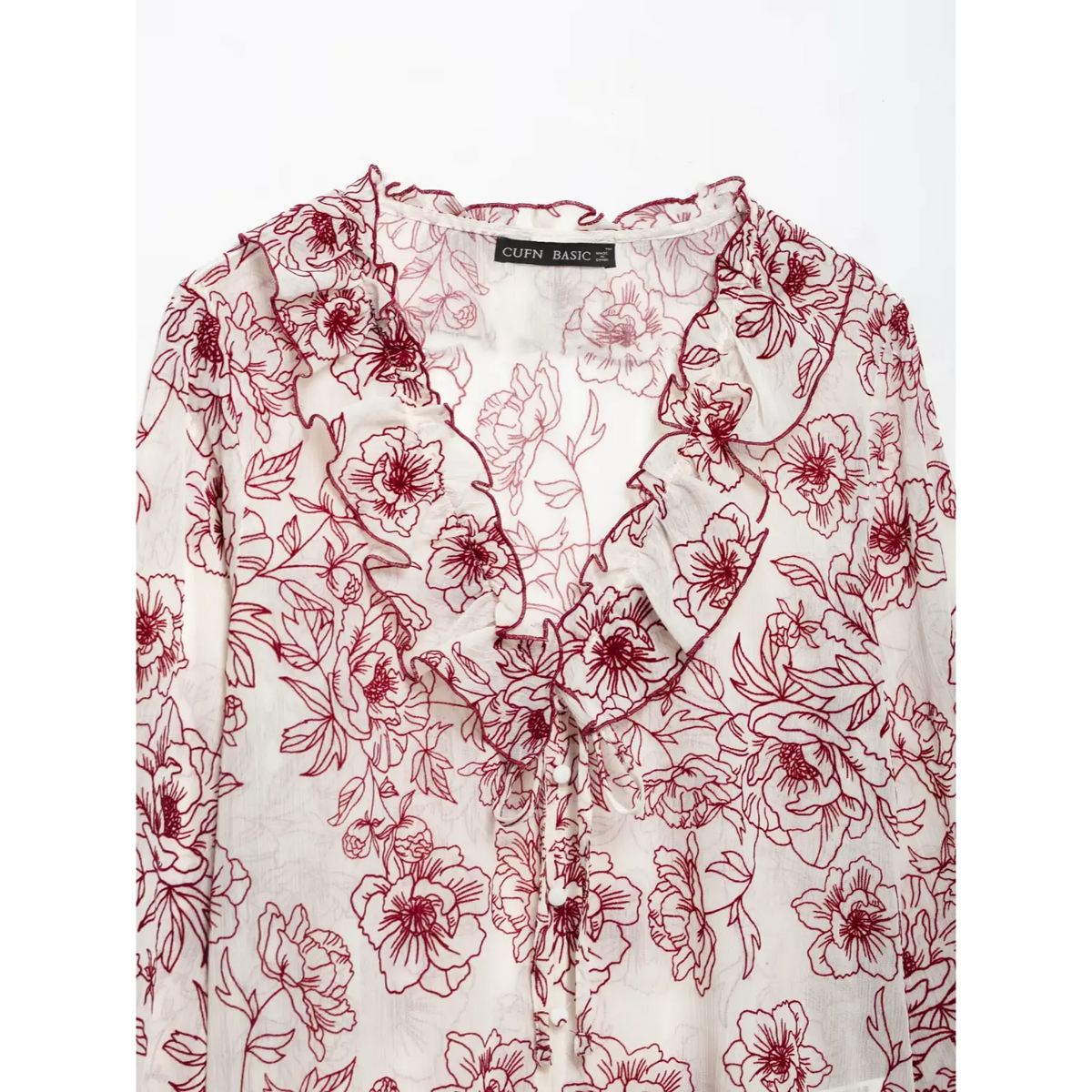 Close-up of ruffle V neckline and front buttons