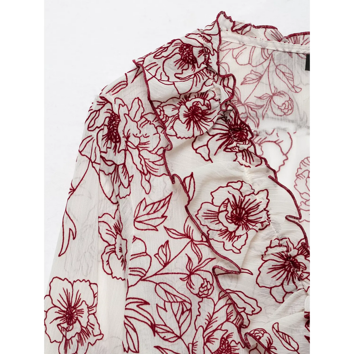 Close-up of shoulder ruffle and floral print