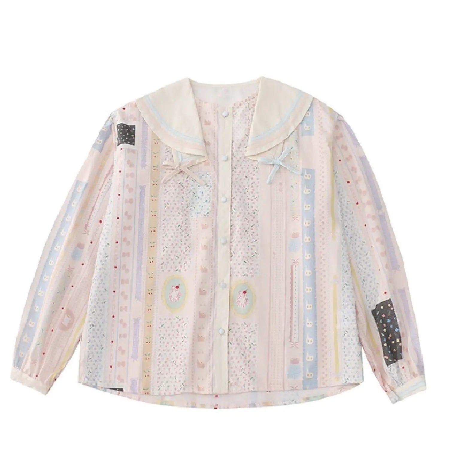 Long sleeve cartoon sailor collar blouse white flat lay, double contrast sailor lapel dual color shoulder bows vertical cartoon animal strip full print front white buttons cuff trim long sleeve complete product flat shot