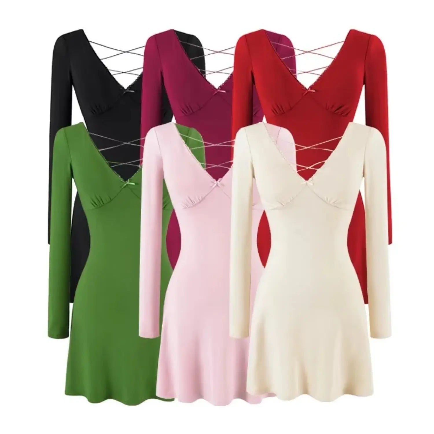 Long sleeve crisscross back mini dress 6 colors group, Black, Beige, Pink, Green, Red, Burgundy, white background