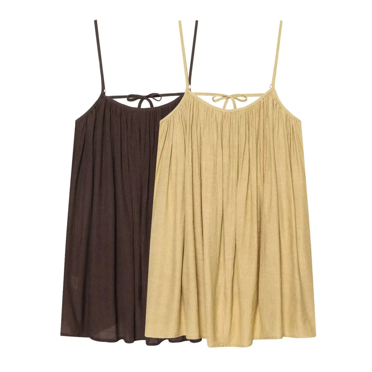 Two‑color display of loose flowy cami mini dress, brown and beige, tie‑back detail, adjustable spaghetti straps
