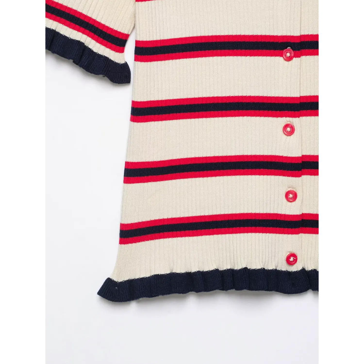 Lower torso partial view, front button placket, navy ruffled bottom hem, continuous horizontal stripe rib knit