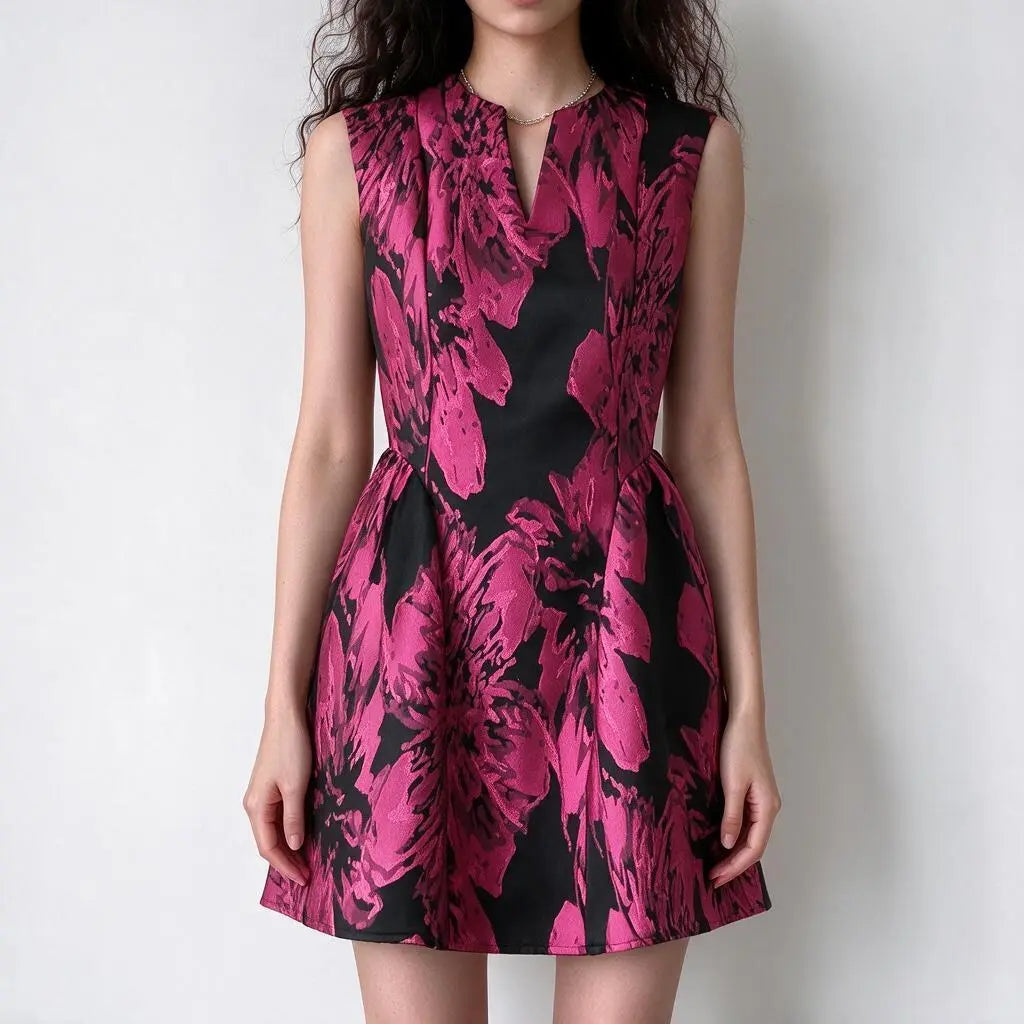 Sleeveless mini dress with bold magenta floral print on black base, v-neck and flared skirt