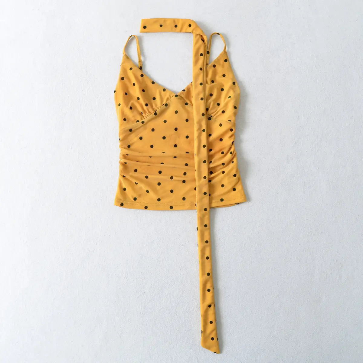  Full front view of the mango yellow cami top with black polka dots, including the matching long scarf tie.