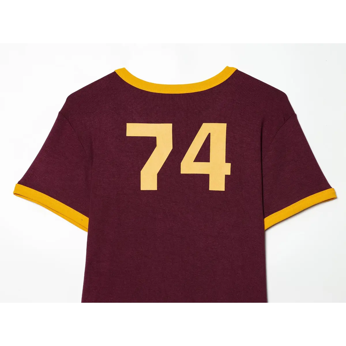 Back view of maroon ringer t-shirt, showing the large yellow "74" print and ribbed crew neck