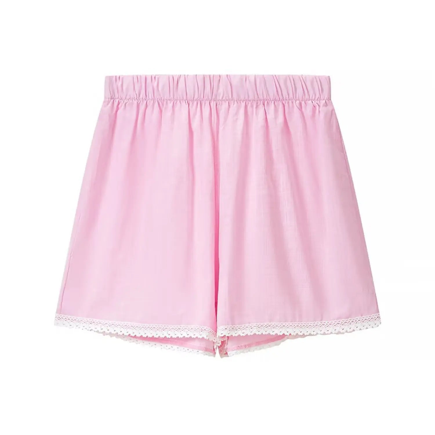 High waist loose short pants flat shot, full elastic waistband, bottom hem trimmed with hollow white lace